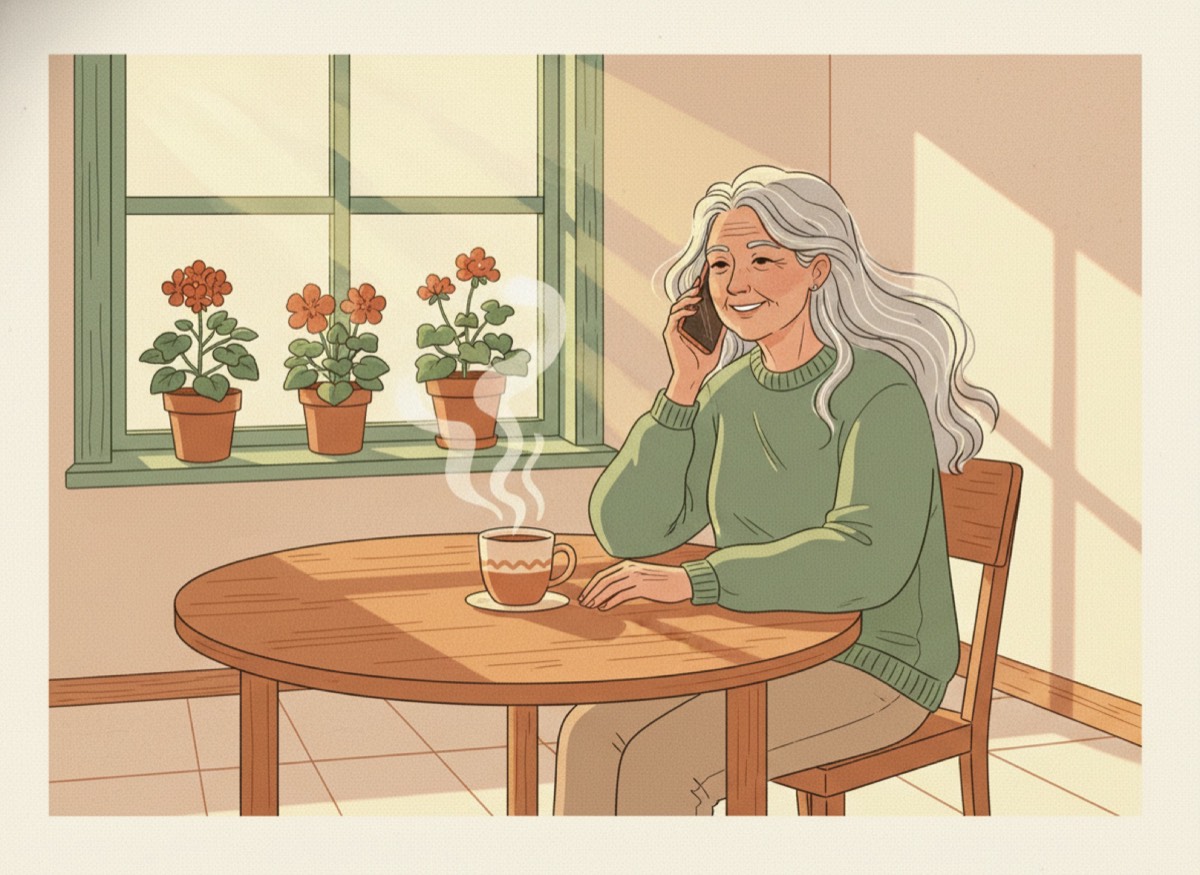 An older woman smiling on the phone at her sunlit kitchen table